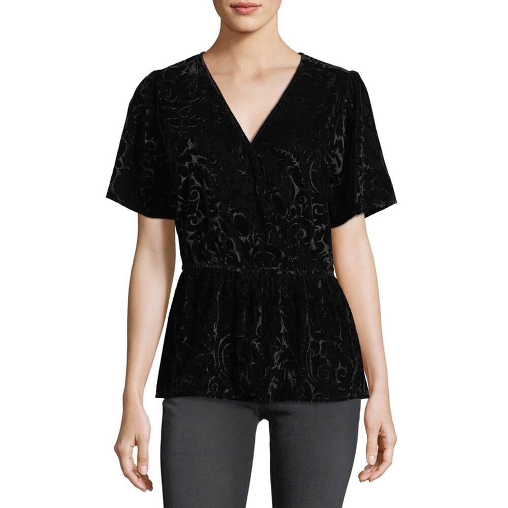 Michael Kors Black Velvet Blouse NWT Floral V-neck Evening Fitted Top